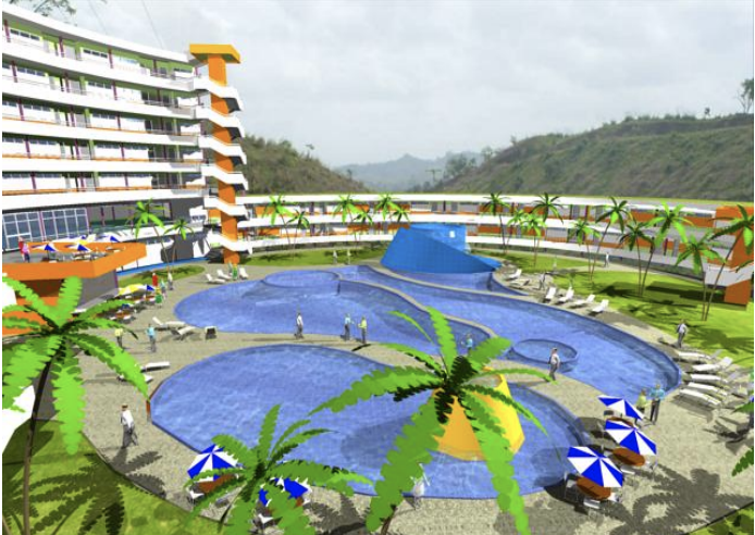 Vista aérea de las piscinas y toboganes del Eco Hotel Aquamar, el principal parque acuático en Higuerote.